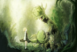 Rule 34 | 1girl, arms at sides, black footwear, black skirt, blonde hair, creatures (company), eye contact, game freak, gen 6 pokemon, green theme, looking at another, nintendo, outdoors, pokemon, pokemon (creature), profile, red eyes, rumia, sarise0916, shoes, skirt, socks, standing, touhou, trevenant