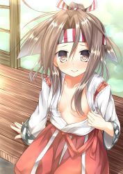 Rule 34 | 10s, 1girl, absurdres, areola slip, artist request, breasts, brown eyes, brown hair, embarrassed, go-1, hair between eyes, hair censor, hair over breasts, headband, high ponytail, highres, japanese clothes, kantai collection, light brown hair, long hair, muneate, open clothes, ponytail, sitting, small breasts, smile, solo, traditional clothes, wooden floor, zuihou (kancolle)
