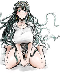 Rule 34 | 1girl, bottomless, breasts, choker, cleopatra (fate), earrings, facial mark, fate/grand order, fate (series), green eyes, green hair, hairband, highres, huge breasts, jewelry, long hair, megao 3rd, own hands together, shirt, sitting, smile, solo, wariza, white shirt