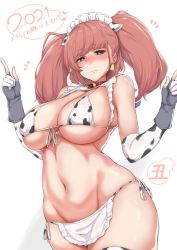 Rule 34 | 1girl, 2021, animal ears, animal print, apron, atlanta (kancolle), bell, bell earrings, bikini, black eyes, blunt bangs, blush, breasts, brown hair, chinese zodiac, cleavage, collar, cow ears, cow print, cow print bikini, earrings, frills, gloves, highres, index finger raised, jewelry, kantai collection, large breasts, long hair, maid headdress, neck bell, new year, osterei, partially fingerless gloves, print bikini, red collar, side-tie bikini bottom, simple background, single earring, solo, swimsuit, thighhighs, two side up, white apron, white background, year of the ox