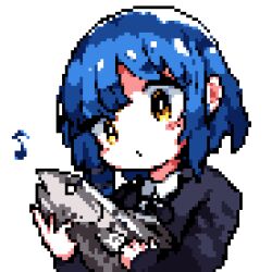 Rule 34 | 1girl, animal, blue hair, bocchi the rock!, collared shirt, downvote (downvote me), fish, holding, holding animal, holding fish, jacket, looking down, mole, mole under eye, musical note, pixel art, shirt, short hair, simple background, solo, standing, upper body, white background, white shirt, yamada ryo, yellow eyes