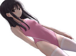 Rule 34 | 1girl, akipeko, arm behind back, bare shoulders, black eyes, black hair, breasts, commentary request, competition swimsuit, dutch angle, expressionless, highleg, highleg swimsuit, highres, long hair, looking at viewer, one-piece swimsuit, original, pink one-piece swimsuit, sidelocks, simple background, small breasts, solo, standing, swimsuit, thighhighs, white background, white thighhighs