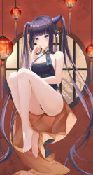 Rule 34 | 1girl, absurdres, ass, bare shoulders, barefoot, black dress, blue eyes, blunt bangs, blush, breasts, china dress, chinese clothes, cleavage, detached sleeves, dress, fakegeo, fate/grand order, fate (series), feet, hair ornament, highres, huge filesize, knees up, lantern, large breasts, leaf hair ornament, legs, long hair, looking at viewer, open mouth, purple hair, sidelocks, solo, toes, twintails, very long hair, yang guifei (fate), yang guifei (second ascension) (fate)