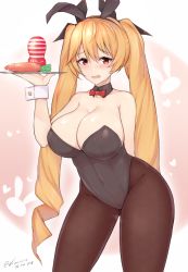 Rule 34 | 1girl, ahoge, animal ears, arm behind back, artificial vagina, azur lane, bare shoulders, black leotard, blonde hair, blush, bow, bowtie, breasts, brown pantyhose, carrot, cleavage, collarbone, contrapposto, covered erect nipples, covered navel, cowboy shot, dated, detached collar, embarrassed, fake animal ears, gluteal fold, gradient background, heart, highres, holding, holding tray, kuavera, large breasts, leaning forward, leotard, long hair, looking at viewer, nelson (azur lane), pantyhose, pink background, playboy bunny, print pantyhose, rabbit ears, raised eyebrows, red bow, red bowtie, red eyes, sex toy, shiny skin, solo, standing, strapless, strapless leotard, suggestive fluid, sweatdrop, tenga, tray, twitter username, very long hair, wing collar, wrist cuffs