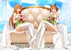 Rule 34 | 2girls, absurdres, armlet, blush, bouquet, breasts, bridal veil, brown hair, commentary request, crossed legs, crossover, dress, feet, flower, full body, girls&#039; frontline, green eyes, hair between eyes, hair ribbon, hair rings, headgear, heart, heart necklace, highres, holding, holding bouquet, huge filesize, jai (whany1998), jewelry, kantai collection, large breasts, legs together, light particles, long hair, looking at viewer, multiple girls, mutsu (kancolle), necklace, no shoes, off-shoulder dress, off shoulder, open mouth, petals, pink flower, pink rose, red flower, red rose, ribbon, rose, short hair, sidelocks, sitting, smile, springfield (girls&#039; frontline), veil, wedding dress, white legwear, yellow flower, yellow rose