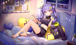 Rule 34 | 1girl, ainy, bare shoulders, barefoot, bed, belt, black jacket, black shirt, black shorts, breasts, character request, check character, crop top, fishnet thighhighs, fishnets, hair ornament, hair ribbon, horns, indie virtual youtuber, jacket, unworn jacket, large breasts, long hair, looking at viewer, midriff, nakano (vtuber), navel, on bed, open clothes, open jacket, purple hair, reclining, red eyes, ribbed shirt, ribbon, shirt, short shorts, shorts, single thighhigh, sleeveless, sleeveless shirt, sleeveless turtleneck, smile, solo, stomach, taut clothes, taut shirt, thighhighs, thighs, turtleneck, twintails, v-shaped eyebrows, virtual youtuber