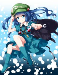 Rule 34 | 1girl, adjusting clothes, adjusting headwear, backpack, bag, black background, black bag, blue background, blue eyes, blue footwear, blue hair, blue shirt, blue skirt, blush, boots, commentary request, gradient background, green hat, hair bobbles, hair ornament, hat, highres, holding, holding wrench, kawashiro nitori, key, looking at viewer, pouch, puffy short sleeves, puffy sleeves, ruu (tksymkw), shirt, short hair, short sleeves, skirt, smile, solo, touhou, two side up, white background, wrench