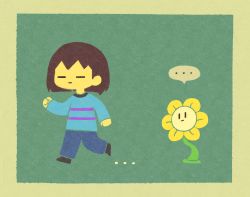 Rule 34 | ..., 1boy, 1other, = =, androgynous, blue sweater, brown hair, closed eyes, flower, flowey (undertale), frisk (undertale), full body, green background, long sleeves, sasa kichi, spoken ellipsis, striped clothes, striped sweater, sweater, undertale, walking, | |, || ||