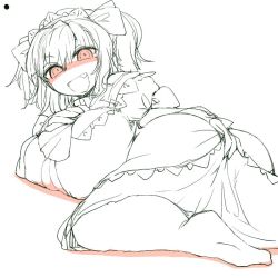 Rule 34 | 1girl, alternate breast size, ass, bow, breasts, covered erect nipples, feet, female focus, hand on own ass, huge breasts, juliet sleeves, limited palette, long sleeves, monochrome, puffy sleeves, red eyes, solo, spot color, sunny milk, thighhighs, toriga naku, touhou, twintails, white background