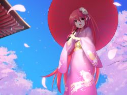 Rule 34 | 1girl, blue sky, cherry blossoms, day, female focus, flower, from below, hair flower, hair ornament, highres, japanese clothes, kimono, long hair, looking at viewer, ohlia, oil-paper umbrella, open mouth, outdoors, petals, red eyes, red hair, shakugan no shana, shana, sky, solo, standing, umbrella
