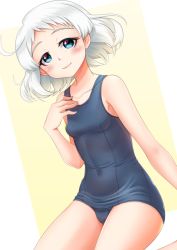 Rule 34 | 1girl, absurdres, blue eyes, blue one-piece swimsuit, breasts, collarbone, covered navel, hand on own chest, highres, kantai collection, lips, looking at viewer, makura (y makura), natsugumo (kancolle), old school swimsuit, one-piece swimsuit, school swimsuit, short hair, sitting, small breasts, smile, solo, swimsuit, white hair
