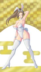 Rule 34 | 1girl, absurdres, animal ears, boots, breasts, brown eyes, brown hair, chinese zodiac, cleavage, fake animal ears, fake tail, fatal fury, female focus, full body, hairband, high heel boots, high heels, highleg, highleg leotard, highres, large breasts, leotard, lips, long hair, playboy bunny, ponytail, rabbit ears, rabbit tail, shiranui mai, solo, strapless, strapless leotard, tail, the king of fighters, thigh boots, thighhighs, white leotard, white thighhighs, wide hips, year of the rabbit