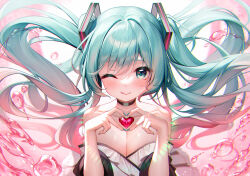 Rule 34 | 1girl, ;q, bare shoulders, black choker, blue eyes, blue hair, blue nails, blush, breasts, choker, cleavage, commentary, floating hair, gem, hair ornament, hatsune miku, heart, heart-shaped gem, heart hands, highres, long hair, looking at viewer, medium breasts, meion, miku day, one eye closed, red gemstone, solo, tongue, tongue out, twintails, upper body, vocaloid