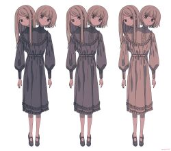 Rule 34 | 2girls, absurdres, arms at sides, black eyes, black footwear, bob cut, conjoined, dress, expressionless, frills, full body, highres, long hair, long sleeves, looking at viewer, medium dress, multiple girls, multiple heads, original, panda23577667, puffy long sleeves, puffy sleeves, shoes, short hair, siblings, simple background, standing, straight hair, twins, twitter username, variations, white background