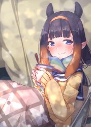 Rule 34 | 1girl, blue eyes, blunt bangs, cup, fang, highres, holding, holding cup, hololive, hololive english, kiirokuma, long hair, looking at viewer, ninomae ina&#039;nis, pointy ears, purple hair, sailor collar, scarf, skin fang, smile, solo, tentacle hair, virtual youtuber