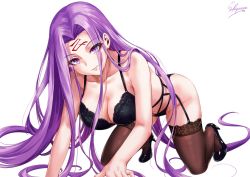 Rule 34 | 1girl, all fours, artist name, bare shoulders, black bra, black footwear, black panties, blush, bra, breasts, closed mouth, collarbone, eyelashes, facial mark, fate/stay night, fate (series), forehead mark, garter belt, garter straps, high heels, highres, large breasts, long hair, looking at viewer, medusa (fate), medusa (rider) (fate), panties, purple hair, sakiyamama, signature, simple background, smile, solo, thighhighs, underwear, underwear only, very long hair, white background