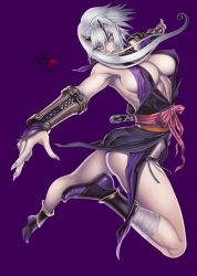 Rule 34 | 1girl, angry, ass, bare shoulders, breasts, cleavage, covered erect nipples, feet, female focus, fighting, fingernails, fundoshi, horns, japanese clothes, large breasts, legs, lips, long fingernails, nail polish, ninja, purple hair, queen&#039;s blade, sandals, shizuka (queen&#039;s blade), short hair, simple background, socks, solo, thighs, white eyes