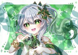 Rule 34 | 1girl, :d, absurdres, bare shoulders, commentary request, cross-shaped pupils, dress, finger frame, genshin impact, gradient hair, green eyes, green hair, grey hair, hair between eyes, hair ornament, head tilt, highres, long hair, looking at viewer, multicolored hair, nahida (genshin impact), open mouth, pointy ears, que hua, side ponytail, sleeveless, sleeveless dress, smile, solo, symbol-shaped pupils, upper body, white dress