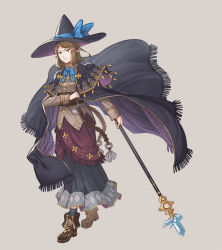 Rule 34 | 1girl, blue bow, blue bowtie, boots, bow, bowtie, brown footwear, brown hair, capelet, closed mouth, coat, commentary request, grey background, grey skirt, grey socks, hat, hat bow, holding, long skirt, looking at viewer, nagi itsuki, original, pointy ears, purple capelet, purple coat, purple hat, red eyes, sash, simple background, skirt, socks, solo, staff, witch hat