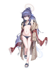 1girl absurdres bags_under_eyes bikini black_bikini black_hair blue_archive blush breasts brown_jacket di_le_to feet full_body hairband halo highres jacket jewelry legs long_hair long_sleeves navel official_alternate_costume open_mouth pendant purple_eyes purple_hairband sandals simple_background small_breasts snow solo swimsuit toes ui_(blue_archive) ui_(swimsuit)_(blue_archive) white_background yellow_halo