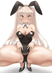 Rule 34 | 1girl, animal ears, black footwear, blue leotard, blush, breasts, brown eyes, cleavage, conte di cavour (kancolle), detached collar, fake animal ears, high heels, kantai collection, large breasts, leotard, light brown hair, long hair, looking at viewer, parted lips, rabbit ears, simple background, solo, strapless, strapless leotard, toka (marchlizard), white background, wrist cuffs