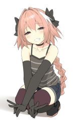 Rule 34 | 1boy, :d, astolfo (fate), bare shoulders, bow, braid, choker, crossdressing, denim, denim shorts, detached sleeves, elbow gloves, fate/apocrypha, fate (series), gloves, grin, hair bow, hair ornament, heart, heart-shaped pupils, highres, male focus, open mouth, pink hair, shiny skin, shirt, short shorts, shorts, sky-freedom, sleeveless, sleeveless shirt, smile, solo, squatting, striped clothes, striped shirt, symbol-shaped pupils, tank top, teeth, thighhighs, trap, v, white background