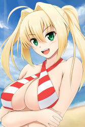 Rule 34 | 10s, 1girl, beach, bikini, blonde hair, blush, breasts, cleavage, crossed arms, day, fate/extra, fate/grand order, fate (series), fuuma nagi, green eyes, hair intakes, halterneck, large breasts, long hair, looking at viewer, nero claudius (fate), nero claudius (fate) (all), nero claudius (swimsuit caster) (fate), open mouth, smile, solo, striped bikini, striped clothes, swimsuit, teeth, twintails, upper body, upper teeth only