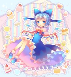 Rule 34 | 1girl, blue dress, blue eyes, blue hair, bow, cake, candy, cirno, coa (chroo x), cookie, dress, food, hair bow, heart-shaped food, ice, ice wings, lollipop, looking at viewer, matching hair/eyes, open mouth, puffy short sleeves, puffy sleeves, shirt, short hair, short sleeves, solo, touhou, valentine, wings, wrist cuffs