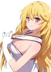 Rule 34 | + +, 1girl, bare shoulders, blonde hair, blush, breasts, brown eyes, cleavage, closed mouth, clothes pull, elbow gloves, gloves, hair between eyes, inue shinsuke, large breasts, long hair, looking at viewer, no bra, shirt pull, shokuhou misaki, simple background, smile, solo, tank top, toaru kagaku no railgun, toaru majutsu no index, white background, white gloves