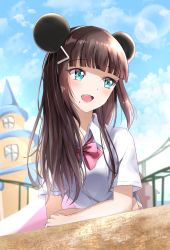 Rule 34 | 10s, 1girl, :d, animal ears, black hairband, blue eyes, blue sky, blunt bangs, blush, bow, breasts, brown hair, cloud, cloudy sky, collared shirt, commentary request, day, dress shirt, fake animal ears, hair ornament, hairband, hairclip, highres, kurosawa dia, long hair, looking away, looking to the side, love live!, love live! sunshine!!, mickey mouse ears, mole, mole under mouth, mouse ears, open mouth, outdoors, pink bow, shirt, sin (sin52y), sky, small breasts, smile, solo, teeth, upper body, upper teeth only, white shirt