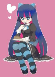 Rule 34 | 10s, 1girl, bad id, bad pixiv id, black dress, blue eyes, bow, cake, colored inner hair, dessert, dress, food, hair bow, heart, long hair, multicolored hair, noe yuuhi, panty &amp; stocking with garterbelt, sitting, solo, stocking (psg), striped clothes, striped thighhighs, thighhighs, two-tone hair