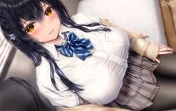 Rule 34 | 1girl, black hair, blush, braid, breasts, commentary request, hair between eyes, hair ornament, hairpin, huge breasts, long hair, looking at viewer, on bed, original, pantyhose, ribbon, school uniform, shirt, sitting, skirt, sleeves past wrists, smile, solo focus, unohana pochiko, yellow eyes