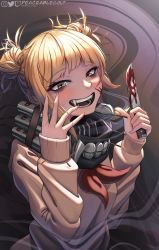 Rule 34 | 1girl, artist name, blonde hair, blood, boku no hero academia, brown background, commentary, dagger, double bun, dress, english commentary, fangs, hair bun, hand up, highres, holding, holding weapon, knife, long sleeves, peaceablecolt, ribbon, sailor dress, school uniform, serafuku, short hair, signature, solo, sweater, toga himiko, twitter username, uniform, weapon, yellow eyes