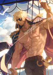 Rule 34 | 1boy, abs, amo (amo9612), bara, bare pectorals, beard, bird, black pants, blonde hair, bulge, check copyright, cigarette, commission, copyright request, dark-skinned male, dark skin, facial hair, facial scar, fictional persona, gun, highres, holding, holding sword, holding weapon, jacket, jacket on shoulders, large pectorals, male focus, mature male, muscular, muscular male, navel, nipples, open clothes, open jacket, original, pants, pectorals, pirate, rope, scar, scar on arm, scar on cheek, scar on chest, scar on face, scar on stomach, short hair, sideburns, smoking, solo, stomach, stubble, sunlight, sword, weapon