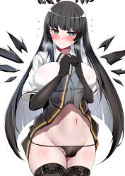 1girl absurdres arknights black_gloves black_hair black_halo black_panties black_skirt black_thighhighs blue_eyes blunt_bangs blush breasts broken_halo cameltoe closed_mouth clothes_lift collared_shirt covered_erect_nipples detached_wings elbow_gloves embarrassed flying_sweatdrops gloves groin halo highres hime_cut kokihanada large_breasts long_hair navel nipples panties pleated_skirt see-through_clothes see-through_shirt shirt skirt skirt_lift solo sweat thighhighs underwear very_long_hair virtuosa_(arknights) white_shirt wings