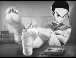 Rule 34 | 1girl, absurdres, annoyed, black hair, chi-chi (dragon ball), crossed arms, crossed legs, dragon ball, earrings, feet, female focus, foot focus, greyscale, hair bun, highres, jewelry, legs on table, mature female, money, monochrome, sitting, soles, toenails, toes