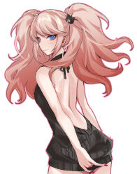 Rule 34 | 1girl, absurdres, alternate costume, bare arms, bare back, bear hair ornament, black sweater, blonde hair, blue eyes, cowboy shot, danganronpa: trigger happy havoc, danganronpa (series), earrings, enoshima junko, hair ornament, highres, hy (fjvlg), jewelry, looking at viewer, looking to the side, meme attire, simple background, solo, sweater, twintails, virgin killer sweater, white background