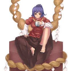 Rule 34 | 1girl, box, breasts, brown skirt, commentary request, highres, hinaie takuya, large breasts, long skirt, mirror, on box, purple hair, red eyes, rope, sandals, shide, shimenawa, short hair, short ponytail, sitting, skirt, solo, touhou, white background, yasaka kanako