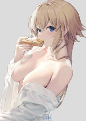 Rule 34 | 1girl, absurdres, blonde hair, breasts, dutch angle, eating, enferverge, fate/apocrypha, fate/grand order, fate (series), food in mouth, fried egg, fried egg on toast, from side, highres, jeanne d&#039;arc (fate), large breasts, long hair, looking at viewer, open clothes, open shirt, shirt, solo, toast, white shirt