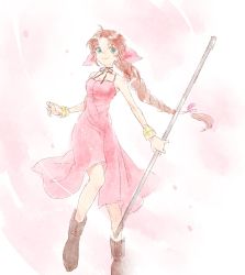 Rule 34 | 1girl, aerith gainsborough, bare arms, boots, bracelet, braid, braided ponytail, breasts, choker, dress, falling petals, final fantasy, final fantasy vii, green eyes, hair ribbon, holding, holding weapon, jacket, unworn jacket, jewelry, long dress, long hair, parted bangs, petals, pink background, pink dress, pink ribbon, ribbon, ribbon choker, sidelocks, smile, solo, square enix, staff, takanamushi, weapon