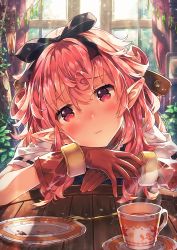 Rule 34 | 1girl, black ribbon, black tea, blush, bracer, closed mouth, crystal, cup, curly hair, curtains, day, eyebrows, eyelashes, face, floral print, food, fork, gloves, hair between eyes, hair ribbon, head rest, head tilt, highres, indoors, jewelry, lantern, light particles, lips, looking at viewer, narumi arata, necklace, on chair, open window, original, own hands together, pink hair, plant, plate, pointy ears, recri (narumi arata), red eyes, red gloves, revision, ribbon, ribbon-trimmed sleeves, ribbon trim, saucer, short sleeves, solo, stream, table, tea, teacup, window, wooden chair, wooden table