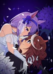 Rule 34 | 2girls, animal ears, banseog, bare shoulders, black jacket, blush, brown hair, choker, closed mouth, diffraction spikes, dress, eye contact, flower, gloves, hair bun, hairband, hand in another&#039;s hair, highres, horse ears, jacket, looking at another, mejiro mcqueen (heart exposed to the night breeze) (umamusume), mejiro mcqueen (umamusume), mole, mole under eye, multicolored hair, multiple girls, photoshop (medium), purple eyes, purple hair, short hair, sideways mouth, smile, strapless, strapless dress, streaked hair, tokai teio (umamusume), tokai teio (waltz of hiwing) (umamusume), umamusume, upper body, white dress, white gloves, yuri