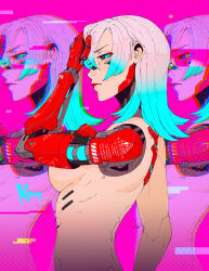 Rule 34 | 1girl, artist name, black sclera, blue eyes, blue hair, breasts, colored sclera, cyberpunk (series), cyborg, from side, gradient hair, hair between eyes, hand on own head, highres, koyorin, large breasts, lips, long hair, looking at viewer, mechanical arms, multicolored hair, nude, solo, upper body, white hair