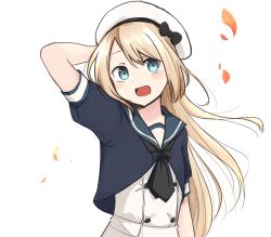 Rule 34 | 1girl, absurdres, arm behind head, bad id, bad pixiv id, black neckerchief, blonde hair, blue eyes, blue sailor collar, dress, hat, highres, jervis (kancolle), kantai collection, looking at viewer, neckerchief, open mouth, sailor collar, sailor dress, sailor hat, short sleeves, simple background, solo, spica1476, white background, white dress, white hat