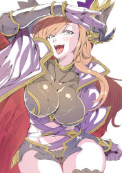 Rule 34 | 10s, 1girl, breasts, cape, cleavage, gloves, granblue fantasy, hair ornament, large breasts, long hair, looking at viewer, navel, open mouth, orange hair, short shorts, shorts, solo, tweyen (granblue fantasy), tukiwani