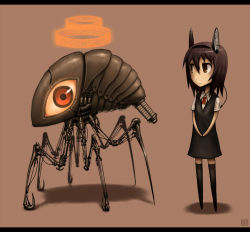 Rule 34 | beetle, brown eyes, bug, chibi, gia, insect, letterboxed, looking at viewer, original, purple hair, robot, short hair, solo, thighhighs