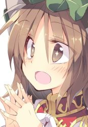 Rule 34 | bow, brown eyes, brown hair, chen, close-up, collar, commentary request, hair between eyes, hat, open mouth, own hands together, portrait, satou kibi, solo, star-shaped pupils, star (symbol), symbol-shaped pupils, touhou