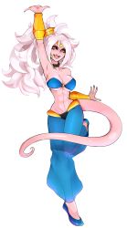 Rule 34 | 1girl, abs, absurdres, android 21, arm up, armpits, baggy pants, bandeau, black sclera, breasts, cleavage, colored sclera, colored skin, cosplay, dragon ball, dragon ball fighterz, earrings, fang, full body, harem pants, highres, hoop earrings, jewelry, jun-kou, large breasts, majin android 21, midriff, nail polish, narrow waist, navel, pants, pink skin, pointy ears, ponytail, red eyes, see-through, shantae, shantae (cosplay), shantae (series), smile, solo, standing, standing on one leg, strapless, tail, transparent background, tube top, underboob, vambraces, white hair