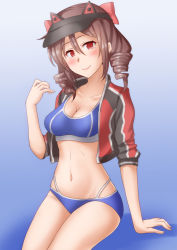 Rule 34 | 1girl, animal ears, anti (untea9), bikini, blue background, blue bikini, bow, breasts, brown hair, cat ears, cleavage, collarbone, commentary request, commission, cosplay, cowboy shot, cropped jacket, drill hair, fake animal ears, gradient background, hair bow, harukaze (kancolle), highres, jacket, kantai collection, long hair, looking at viewer, medium breasts, multicolored clothes, multicolored jacket, navel, red bow, red eyes, simple background, sitting, solo, south dakota (kancolle), south dakota (kancolle) (cosplay), sports bikini, swimsuit, twin drills, two-tone jacket, visor cap