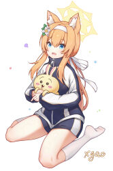 Rule 34 | 1girl, 1other, absurdres, animal ear fluff, animal ears, black shorts, blue archive, blue eyes, blush, chiikawa, commentary request, crossover, flower, gym shorts, gym uniform, hair between eyes, hair flower, hair ornament, highres, jacket, long hair, long sleeves, mari (blue archive), official alternate costume, open mouth, orange hair, shorts, simple background, sitting, socks, track jacket, usagi (chiikawa), voice actor connection, wariza, white background, white flower, white socks, xgao